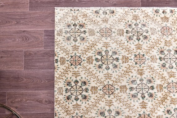 6x10 Vintage Turkish Floral Rug, Ivory Mustard Green Color, 6x10 Handmade Wool Rug, Living Room Rug, 6x10 Distressed Rug, Boho Home Decor