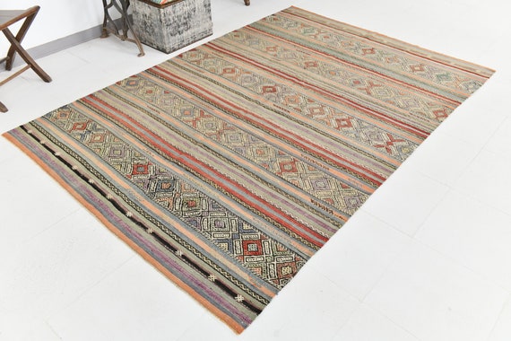 6x8 Area Rug, Kilim Rug 6x8, 6x8 VINTAGE TURKEY KILIM Rug, 6x8, Vintage Kilim Rug, Oushak Handmade Kilim, Rugs 6x8, Soft Pastel Boho, 57s