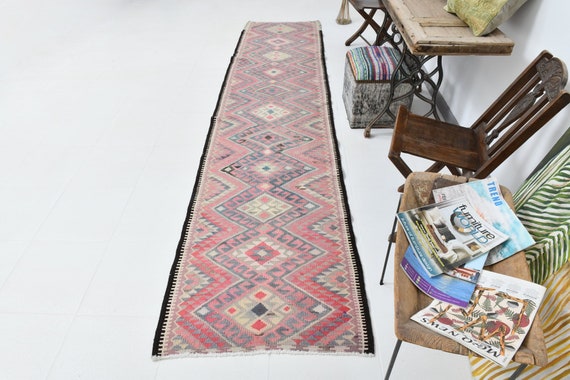3x12 Runner Rug, 3x12 VINTAGE KILIM RUNNER Rug, 3x12 Kilim Runner, Wool Handmade Turkey, Dusty Pink & Beige Kilim, Runner Rug 3x12, Antique