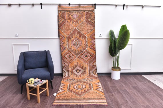 3x10 Vintage Handmade Runner Rug, Soft Wool Rug, Hallway Kitchen Runner Rug, Orange Brown Color