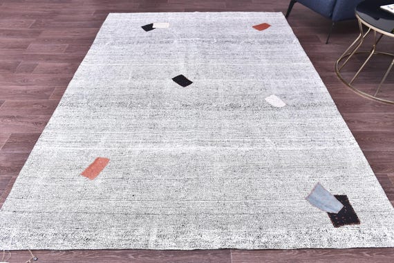 6x8 Gray Kilim Patchwork Rug, Gray Color, 6x8 Handmade Wool Jute Rug, 6x8 Living Room Bedroom Rug, Tribal Kilim Rug, Farmhouse Rug