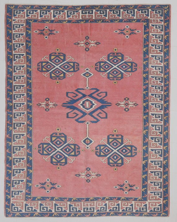 7x9 Area Rug, 7x9 Oushak Rug, 7x9 Turkish Vintage Oushak Rug, 7x9, Wool Handkontted Oushak, 7x9 Rugs, Red & Blue Oushak Rug, Rug For Bedroom