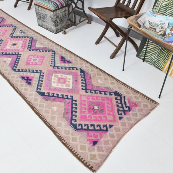 3x13 Vintage Purple Runner Rug, 3x13 Ethnic Patterned Rug, 3x13 Turkish Runners, Handmade Oushak Rug, Long Stair Runners