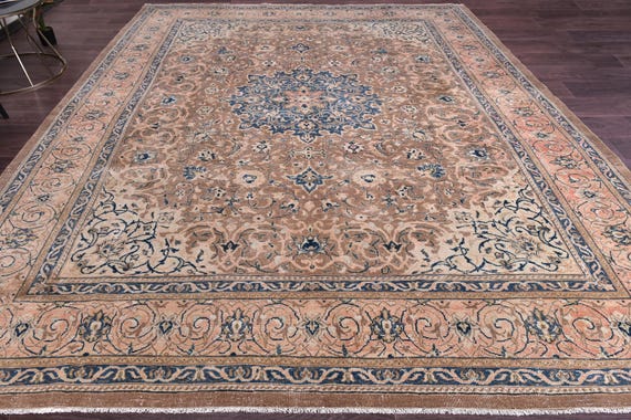 10x13 Antique Unique Tabriz Rug, Navy Blue, Salmon, Brown Color, 10x13 Handwoven Area Rug, 10x13 Oriental Rug, 10x13 Large Area Rug,