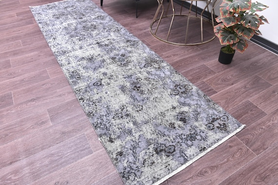 3x9 Vintage Overdyed Turkish Runner Rug, 3x9 Faded Hallway Rug, 3x9 Handmade Runner Rug, Blue Purple Color, Farmhouse Rug 3x9 Hallway Runner