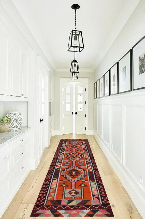 3x11 Runner Rug, 3x11 Herki Runner, 3x11 Kilim Herki Runner Rug, Wool Hand Woven Rug, Burgundy & Orange Kilim, 3x11 Rug, Rug For Hallway 58s