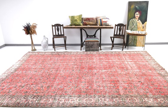 9x12 Pale Turkish Vintage Rug, Oversized Vintage Rug Large Area Rug 9x12 Wool Handmade Rustic 9x12 Rug Shades Of Red Vintage 9x12 VintageRug