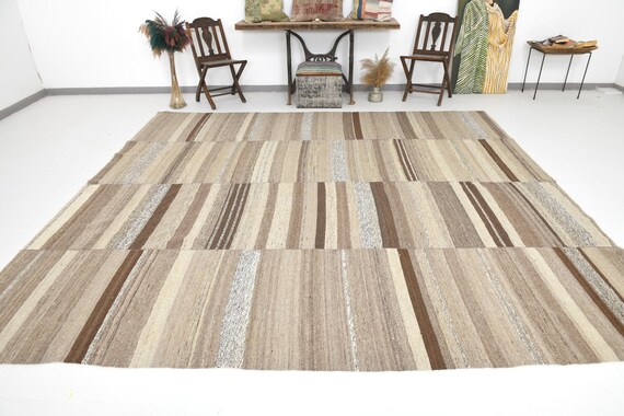 10x11 Area Rug, 10x11 Kilim Rug, 10x11 Striped Oversize Kilim Rug, Large Area Rug, Wool Handwoven Kilim, 10x11 Rug, Brown Beige Kilim Rug