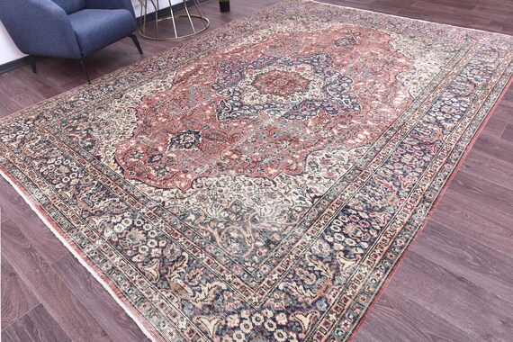 8x12 Vintage Faded Area Rug, Persian Style Rug, Terracotta Blue Color, Handmade Wool Rug, 8x12 Area Rug, Farmhouse Rug, 8x12 Living Room Rug