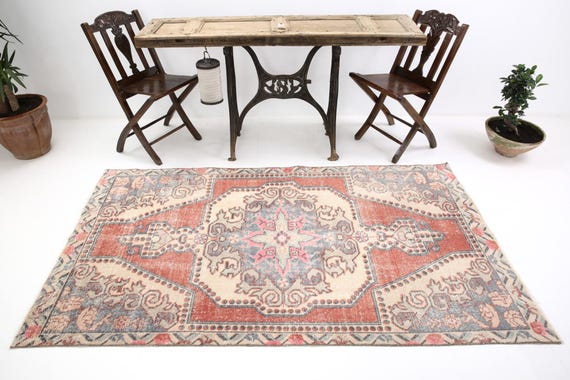 4x7 Vintage Area Rug, 4x7 Turkish Medallion Rug, 4x7, Wool Handmade Turkey, 4x7 Rugs, Soft Red Vintage Rug, Floral & Bordered Rug