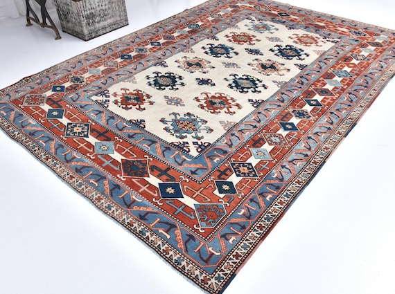 7x9 Navy Blue Beige Vintage Rug, 7x9 Vintage Rug, 7x9 Rug, Wool Handmade Turkey, 7x9 Area Rug, Turkish Rug 7x9, Oriental Style, Bedroom Rug