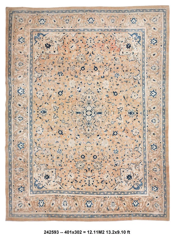 9x13 Cream Blue  Persian Rug, Extra Large Area Rug, 9x13 Rugs, Handmade Wool Persian Rug, 9x13 Persian Rug, Rug For Living Room
