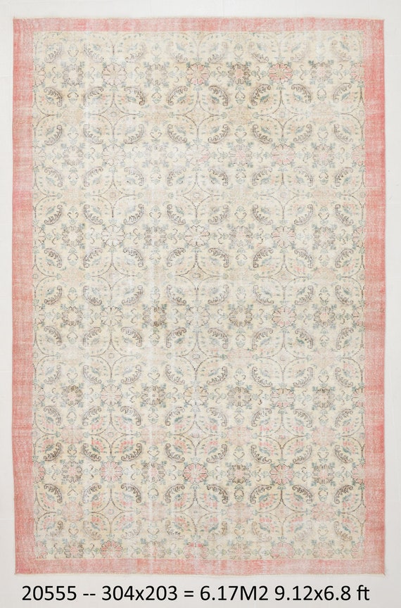 7x10 Rug, 7x10 OVERSIZED TURKISH VINTAGE Rug, 7x10, Oversize Rug, Handmade Wool Oushak Rug, Large Area Rug, Beige and Salmon Pink Rug, 7x10