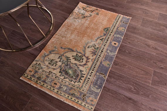 2x4 Vintage Doormat Rug 2x4 Doormat Rug, 2x4 Rug, Small Handmade Wool Rug, 2x3 Turkish Rug, Rug For Bedroom Accent Bathmat, Peach Blue Color