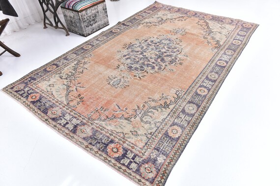 5x9 Vintage Turkish Rug, Peach Orange Vintage Rug, 5x9 Handmade Wool Rug, Rug For Living Room, Pastel Color Rug, Farmhouse Decor