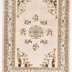 7x9 Turkish Floral Medallion Rug, Vintage Area Rug, 7x9 Handmade Wool Rug, Living Room Rug, 7x9 Turkish Area Rug, Beige Gold Brown Color Rug