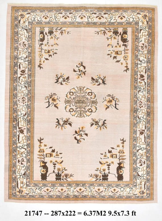 7x9 Turkish Floral Medallion Rug, Vintage Area Rug, 7x9 Handmade Wool Rug, Living Room Rug, 7x9 Turkish Area Rug, Beige Gold Brown Color Rug