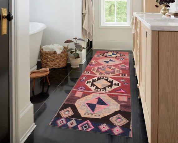 2x8 Antique Runner Rug, 2x8 Red Brown Vintage Runner Rug, 2x8, Geometric Patterned, Decorative Special Rug, 2x8 Naturel Wool Rug, Herki Rug