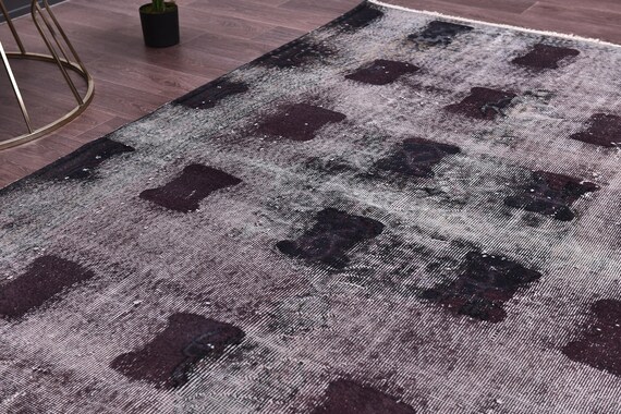 5x8 Faded Overdyed Check Design Rug, Purple Gray Color, 5x8 Handmade Wool Rug, Living Room Bedroom Rug, 5x8 Area Rug, Vintage Turkish Rug