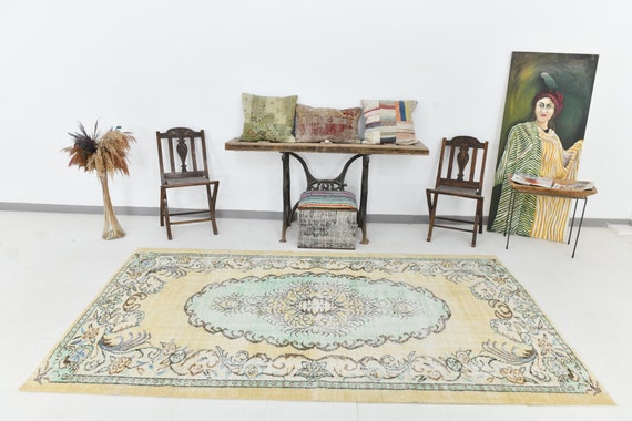 5x9 Area Rug, 5x9 Vintage Rug, 5x9 TURKISH VINTAGE OUSHAK Rug, 5x9, Green & Yellow Vintage Rug, Wool Handmade Oushak, Rugs 5x9, Antique 58s