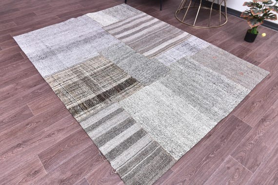 6x8 Vintage Kilim Patchwork Rug, Gray White Color,  Handmade Wool Jute, Living Room Bedroom Rug, Outlet