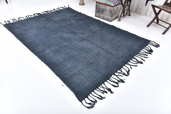 5x8 Vintage Navy Blue Hemp Rug, 5x8 Hemp Rug, 5x8 Rug, Fringed Handmade Hemp Rug, 5x8 Area Rug, Bohemian Eclectic Style, Farmhouse Decor