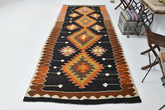 5x11 Orange Black Wide Kilim Runner Rug, 5x11 Kilim Runner, Handmade Wool Long Wide Rug, 5x11 Rugs, Made İn Turkey, Kilim Runner 5x11, 57s