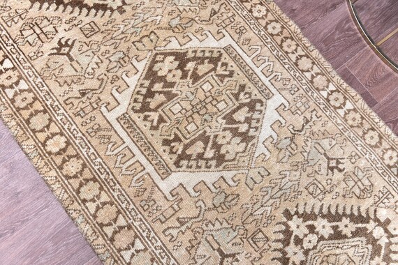 3x12 Vintage Persian Heriz Runner Rug, Handmade Wool Runner, 3x12, Hallway Rug, 3x12 Farmhouse Rug, Kithcen Rug, Brown Cream Blue Color
