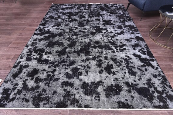 7x10 Vintage Faded Rug, Black Gray Color, 7x10 Floral Area Rug, 7x10 Living Room Rug, 7x10 Faded Distressed Rug, 7x10 Handmade Area Rug