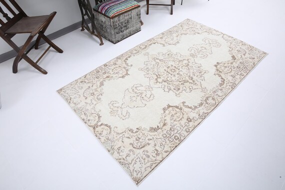 TURKISH VINTAGE RUG - 4x7 Beige Brown Green Vintage Rug - 4x7 Rug - Neutral Handmade Aesthetic - 4x7 Area Rug - Aesthetic Vintage Rug- 57s