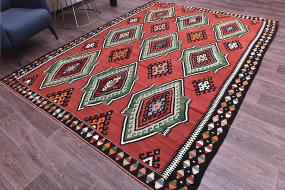 7x9 Vintage Turkish Kilim Rug, Handmade Wool Jute Kilim Rug, 7x9 Red Green Color, Authentic Kilim Rug, 7x9 Living Room Bedroom Rug