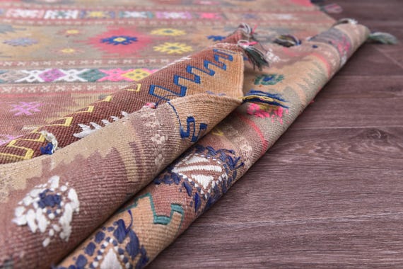 5x8 Vintage Faded Turkish Kilim Rug, 5x8 Rug, Brown Rainbow Color, 5x8 Handmade Wool Jute Rug, 5x8 Traditional Turkish Rug, 5x8 Kilim Rug