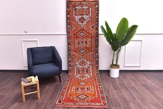 3x11 Vintage Burgundy Wool Runner Rug, Handmade Soft Wool, Traditional Design, Farmhouse Decor, Rich Color
