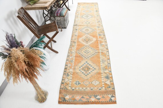 3x13 GEOMETRIC FIGURE Turkish Ouhska Runner Rug,3x13 Rug,Turkish Runner,Oushak Runner,Vintage Runner,3x13 Runner Rug,Vintage Carpet Rug,