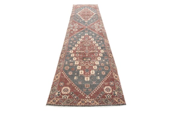 3x13 Red Gray Persian Runner Rug, 3x13 Persian Runner, Long Handmade Wool Rug 3x13 Rugs Burgundy Brown Carpet Rug For Hallway Entrway Tapis
