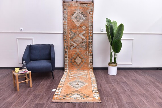 3x12 Handmade Vintage Wool Runner Rug, Rug For Hallway Kithcen, Orange Cream Color, Oriental Runner