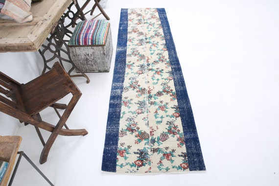 2x9 Floral Runner Rug, Light Tones Rug 2x9, Blue White Color Rug, Handmade Runner Rug, Light Color Rug, 2x9 Hallway Rug, Floral Area Rug