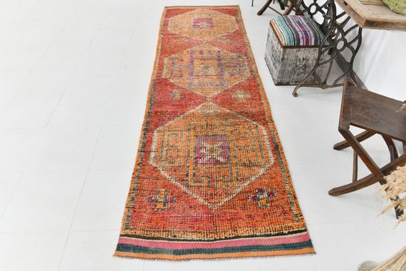 3x10 Runner Rug, 3x10 Pale Orange TURKISH VINTAGE RUNNER, 3x10, Vintage Runner, Handmade Oushak, Vintage Runner 3x10, Orange & Red Rugs