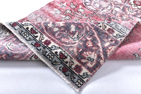 3x8 Red Blue Beige Vintage Runner Rug, 3x8 Vintage Runner, 3x8 Hand-Knotted distressed Wool Rug,3x8 distressed RunnerRug,3x8 Vintage Runner,