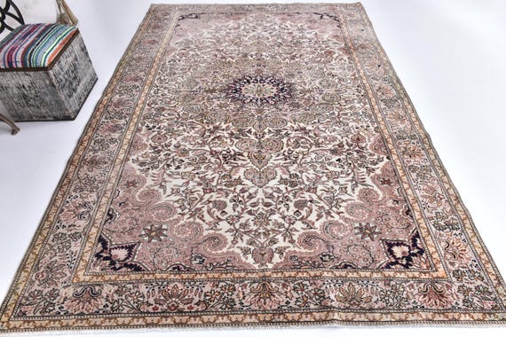 6x9 Vintage Persian Tabriz Style Rug, 6x9 Ivory Cream Central Medallion Rug, 6x9 Traditional Oriental Area Rug, 6x9 Tribal Rug, 6x9 Area Rug
