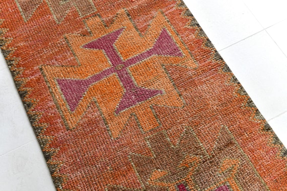 3x11 Runner Rug, 3x11 TURKISH HERKI RUNNER Rug, 3x11, Herki Runner 3x11, Wool Handmade Oushak, 3x11 Rugs, Orange & Pink Herki, Rug For Entry