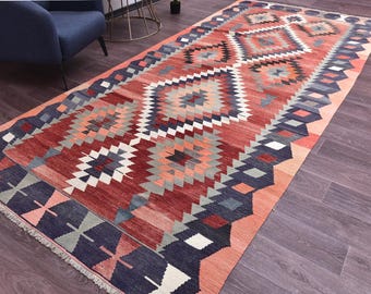 6x12 Vintage Turkish Kilim Area Rug, Terracotta Blue Color, Handwoven Wool Jute Kilim Rug, 6x12 Rugs, Living Room Bedroom Rug, Faded Rug ,