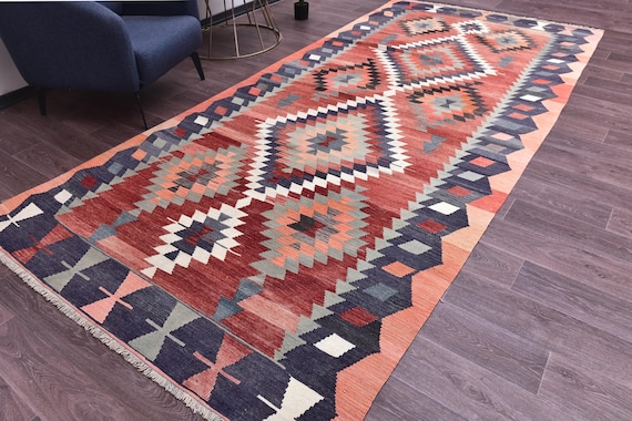 6x12 Vintage Turkish Kilim Area Rug, Terracotta Blue Color, Handwoven Wool Jute Kilim Rug, 6x12 Rugs, Living Room Bedroom Rug, Faded Rug ,