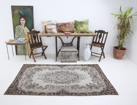 4x7 Vintage Rug, 4x7 Oriental Turkish Vintage Rug, 4x7, Aesthetic Handmade Wool, 4x7 Rug, Gray Brown Carpet, 4x7 Turkish Rug, Farmhouse Deco