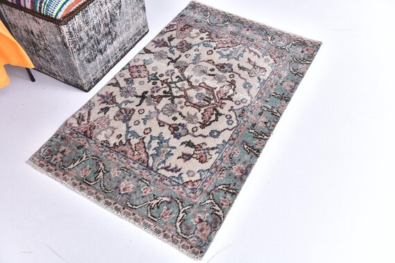2x4 Turkish Doormat Rug, 2x4 Vintage Doormat Rug, 2x4 Green Pink Doormat Rug, Accent Rug, Bath Mat, Handmade Home Decor, 2x4 Soft Color Rug
