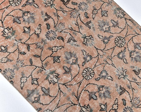 2x9 Muted Salmon Beige Vintage Runner Rug, 2x9 Vintage Turkish Runner Rug, Narrow Handmade Runner rug, Pink Floral Runner Rug 2x9 feet.