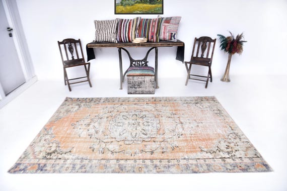 5x8 Area Rug - 5x8 Pale Orange Turkish Vintage Rug - 5x8 Vintage Rug - Handmade Washable Area Rug - Turkish Rug 5x8 - Rug For Bedroom - 56s