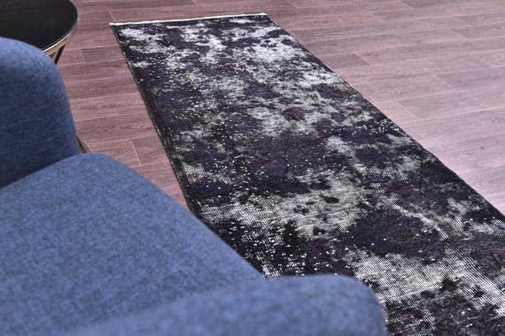 2x10 Vintage Overdyed Runner Rug, Handmade Wool Rug, 2x10 Black Gray Color, 2x10 Floral Hallway Rug, 2x10 Kithcen Runner Rug