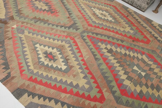 6x7 Area Rug, 6x7 Geometric Vintage Kilim Rug, 6x7 Kilim Rug, Wool Handwoven Kilim, 6x7 Rug, Green & Brown Kilim Rug, Rug For Bedroom 60s