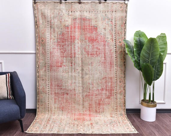 5x8 Vintage Handmade Turkish Distressed Living Room Rug, Pale Red Color